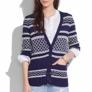 Madewell Navy and White Patterned V-Neck Cardigan